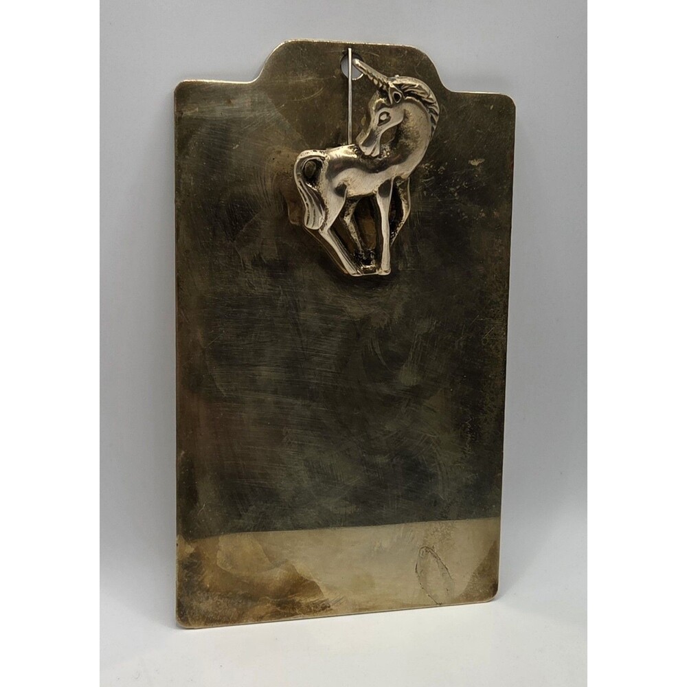 Vintage Solid Brass Unicorn Memo Clip Letter Holder Paperweight 1970s 1980s